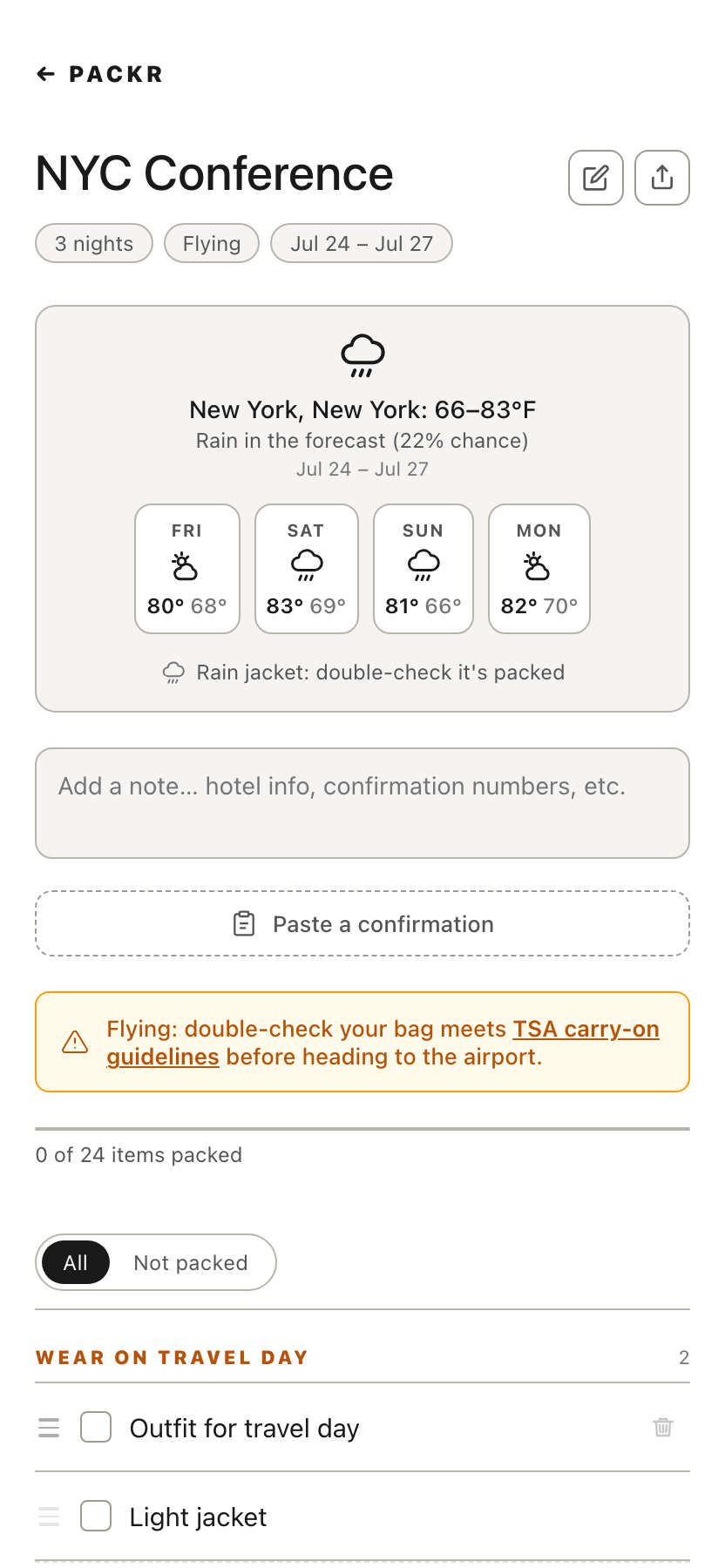 A Packr trip showing a weather forecast and packing checklist